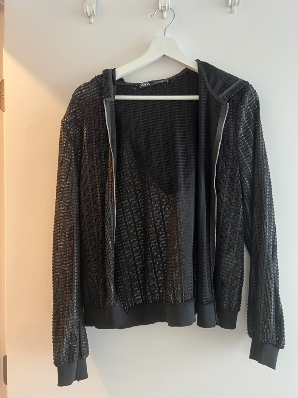 Zara Black Sheer Mesh Hooded Zip Jacket